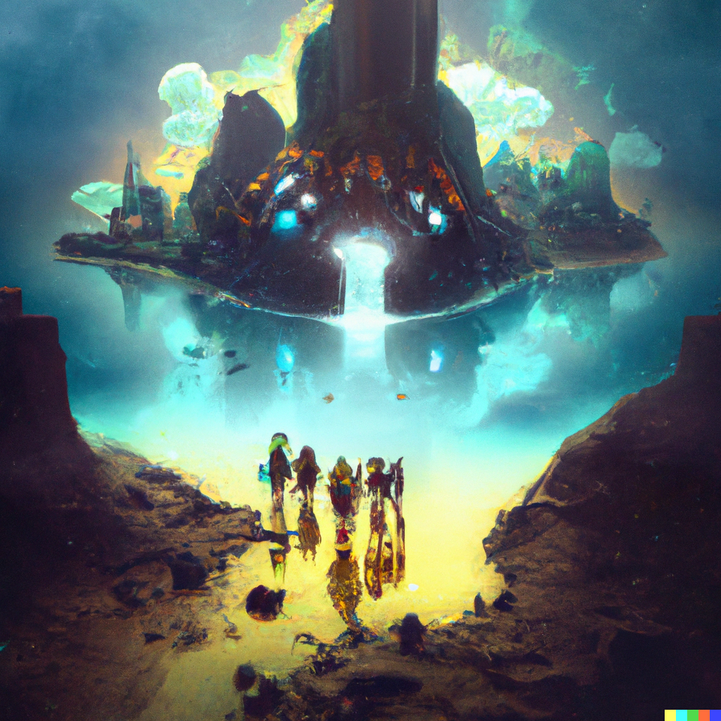 A group of explorers discover a new island world full of wonders, futuristic digital art